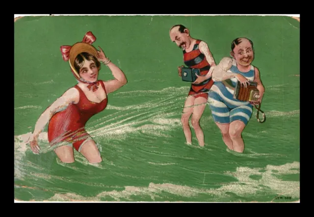 Comical Men Taking Photos Of Woman In Ocean Embossed Postcard Unposted