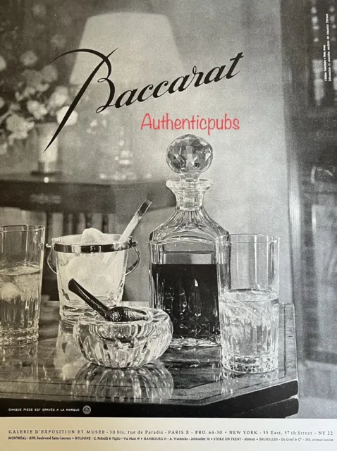 1960 Baccarat Advertisement Crystal Service Whisky Carafe Pipe Glasses French Ad