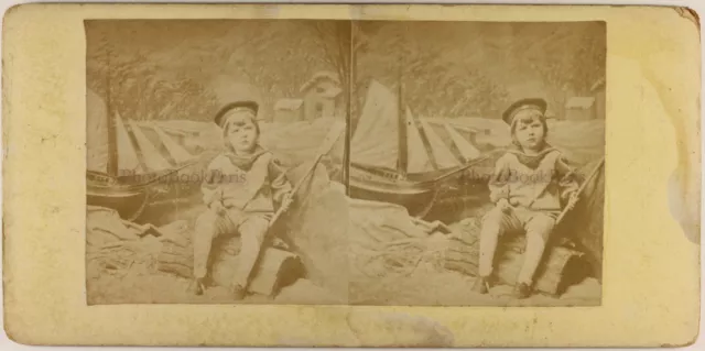 Junge Porträt Im Studio Segelboot c1880 Foto Stereo Vintage