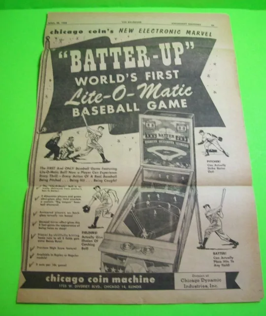 Batter Up Billboard 1958 Arcade Game  Pinball Machine Magazine AD Advertising