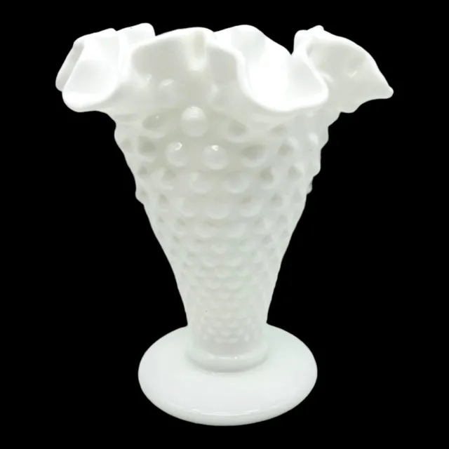 Vintage Fenton Hobnail Milk Glass 6” Vase with Crimped Ruffled Edge
