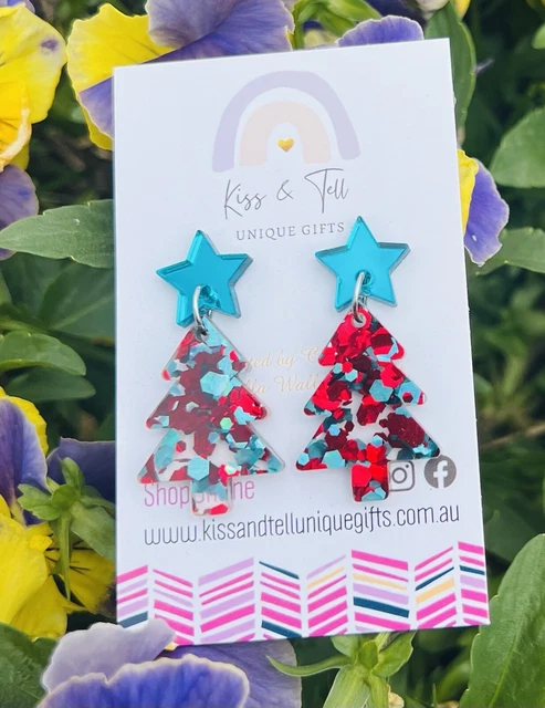 Pretty Acrylic Christmas Tree Dangle Earrings - Teal & Red Sparkling Glitter