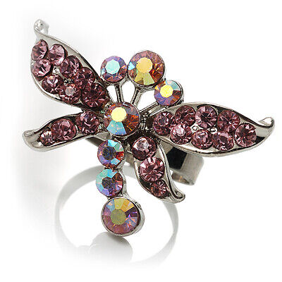 Rhodium Plated Diamante Dragonfly Fashion Ring (Pink)