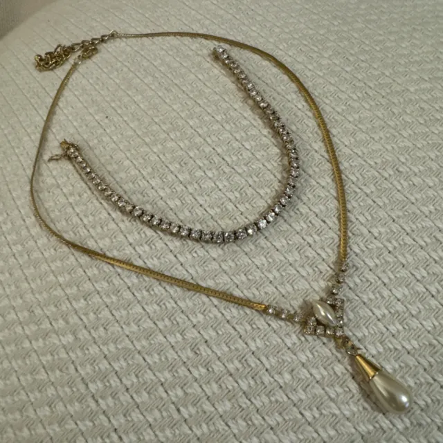 Gold Tone Chain Necklace Dangle Faux Pearl, Crystal Pendant & Tennis Bracelet