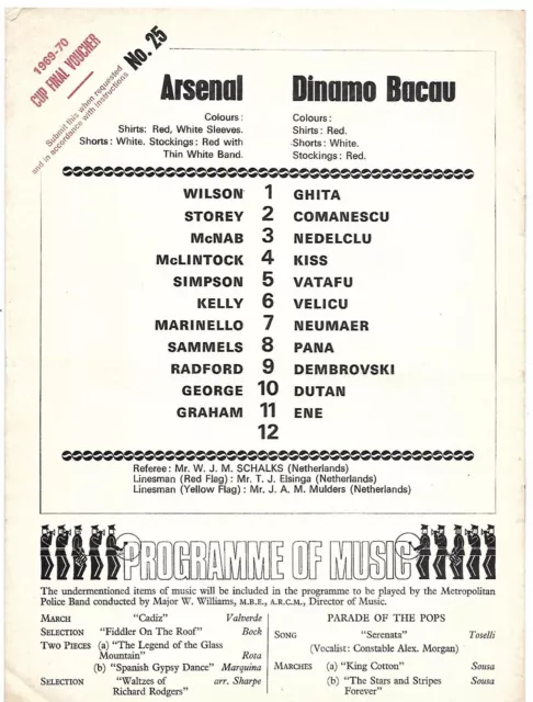 ARSENAL v DINAMO BACAU 18th MARCH 1970.( ARSENAL FAIRS CUP WINNERS 1969-70). 2
