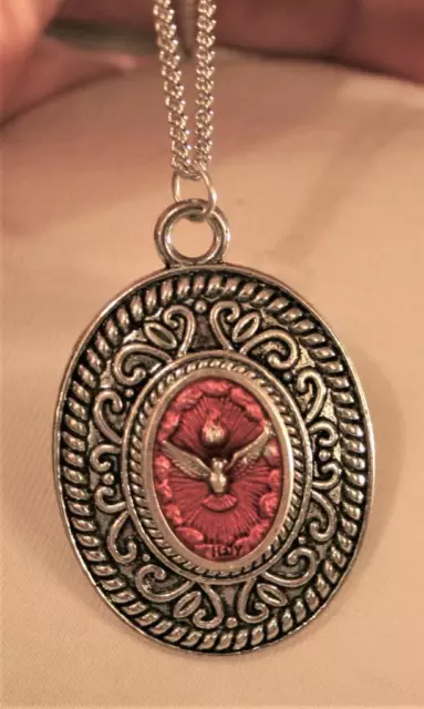 Vintage Swirl Rimmed Red Finished Holy Spirit Dove Peace Medal Pendant Necklace