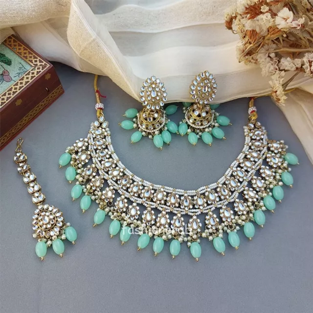 Indian Bollywood Style Sea Green Color Bridal Kundan Jewellery Set