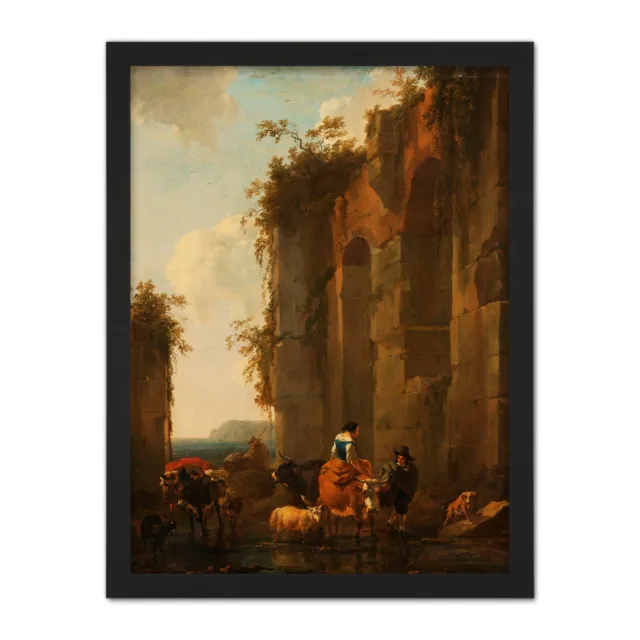 Berchem Ruins In Italy Cattle Painting Framed Wall Art Print 18X24 In