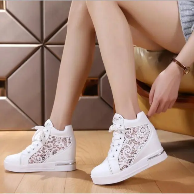 Women Wedge Platform Sneakers Lace Up High heels Shoes Round Toe Pumps Casual