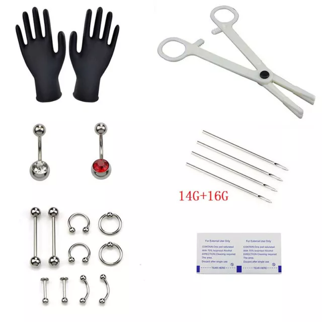 PRO 14G/16G Body Piercing Kit Needle Nipple Belly Tongue Eyebrow Nose Lip Ri#km