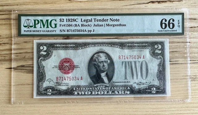 1928 C $2 Legal Tender Red Seal Note Fr.1504 Ba Block Pmg Gem Unc 66 Epq