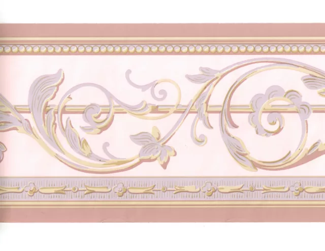 Traditional Pink Lavender Green Acanthus Leaf Scroll Floral Wall paper Border