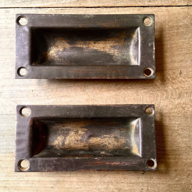 Pair Of Vintage Recessed Handles Drawer Door Antique Brass Reclaimed Old Chest