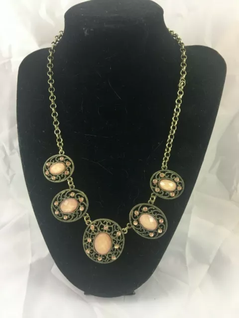 Etc! Peach Pink Gold Tone Necklace Faceted Rhinestones 16" w/ extender SIGNED US