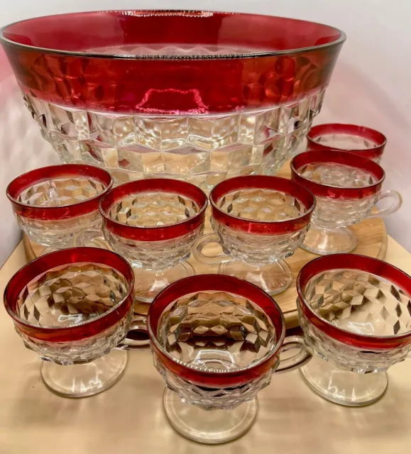Indiana Glass Punch Bowl Whitehall Colony Diamond Point Ruby Flash Ladle 8 Cups