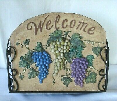 vtg wrought iron resin MAIL BOX Letter Holder WELCOME wall Basket grapes on vine