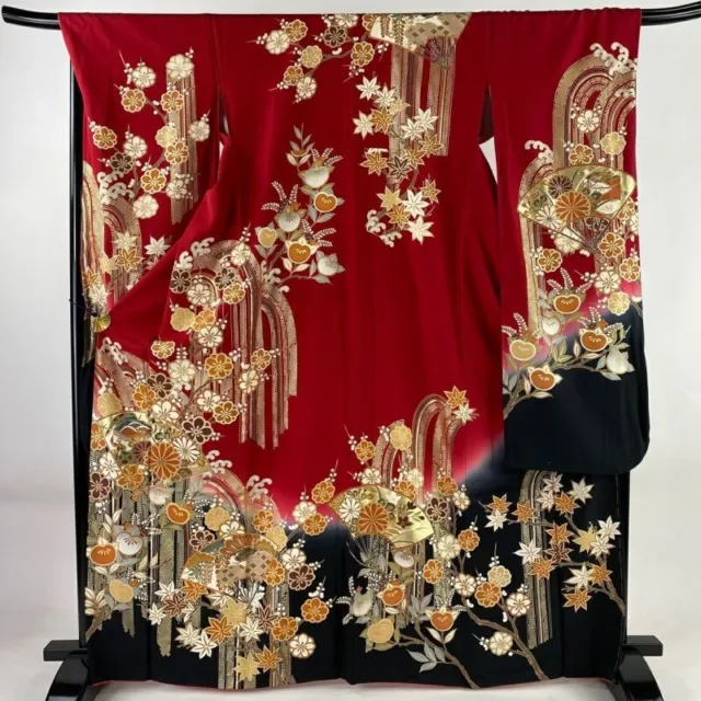 Japanese Kimono Furisode Pure Silk Folding Fan Flower Gold Paint Red Color