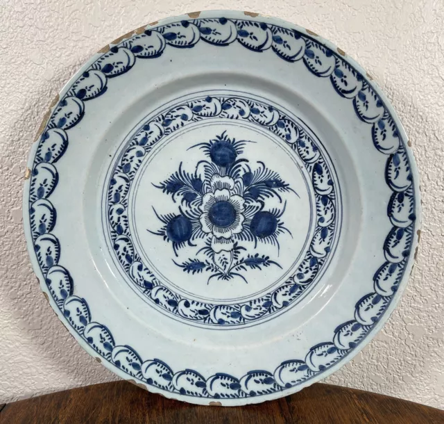 Antique Delft Floral Charger 18th Century Faience Plate Dutch English Blue Dish