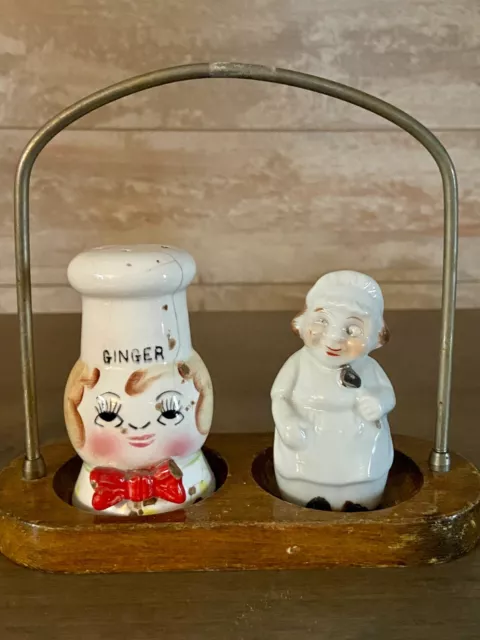VINTAGE Chef Ginger & Old Woman Holding Spoon - Salt/Pepper Shakers w/Wood Stand