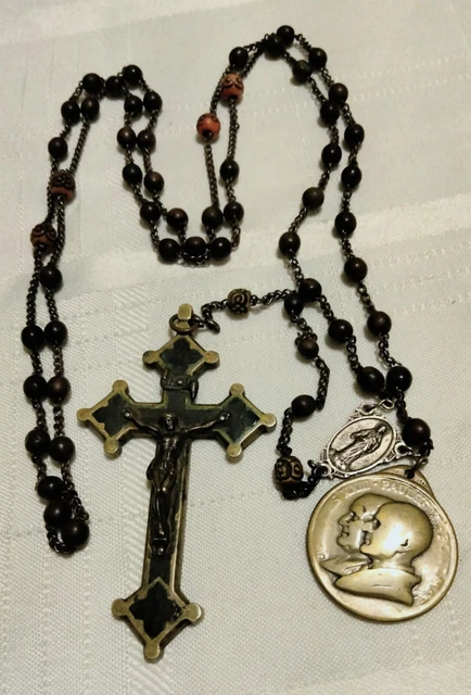Antique Rosary 19th C Brass Crucifix Vatican Medal Priest Owned 2