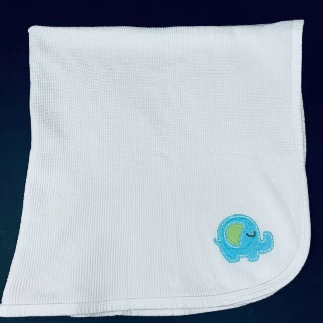 Gerber White Cotton Baby Blanket Blue Elephant Thermal Waffle Weave Receiving