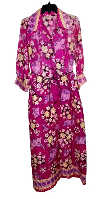 60s Vintage Quilted Robe Hostess Gown Bright Pink Purple Mod Floral Vtg Sz 12