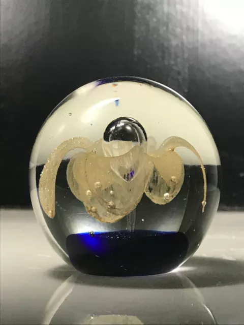 Murano Style Blue With Gold Abstract Orchid Flower Art Glass Paperweight