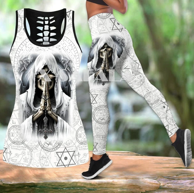 God Of Death Skull  Two Piece Yoga Set Women 3D Print Vest Hollow Out Tank Top
