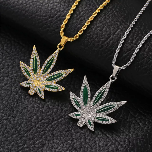 Women Maple Leaf Marijuana Leaves 925 Silver Gold Pendant Necklace Chain Jewelry