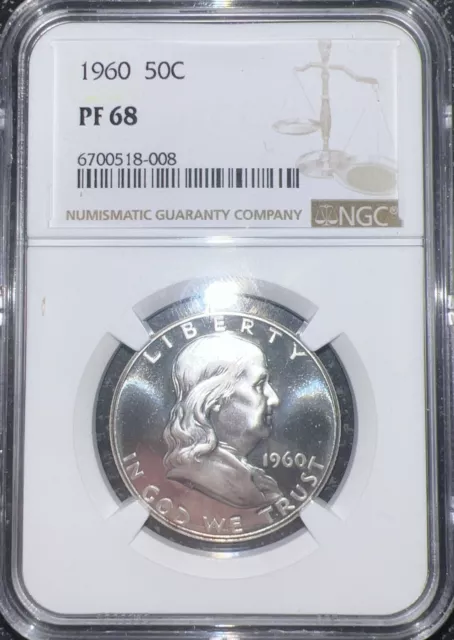 1960 NGC PF68 PROOF BEN FRANKLIN HALF DOLLAR 50c 90% SILVER WHITE COIN OBV CAMEO