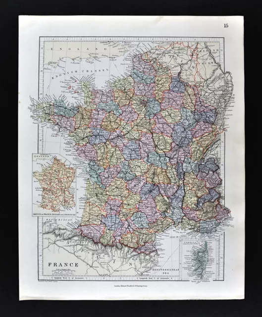 1885 Stanford Map France Paris Lyon Marseille Nice Tours Toulouse Lille Antique