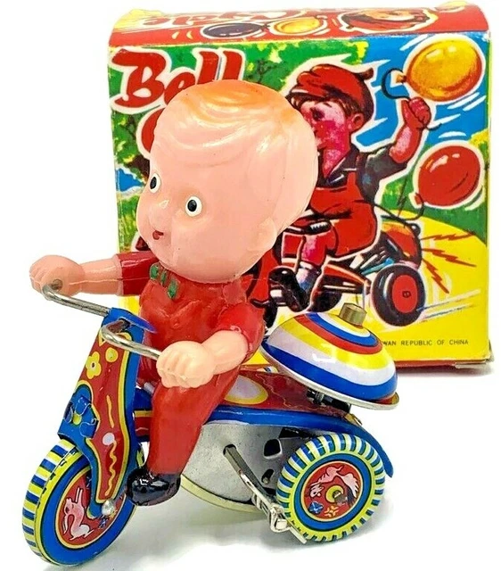VINTAGE MECHANICAL WINDUP Bell Cycle Tricycle Toy with Revolving Bell