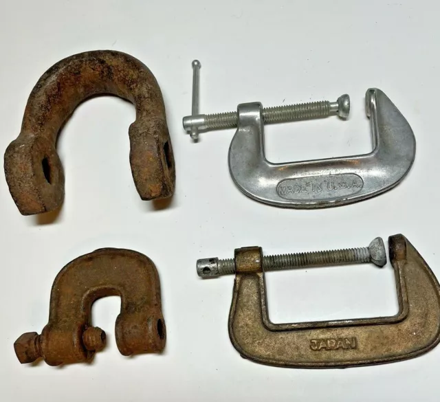 Antique Vintage C Clamps or Clevis Shackle Farm Décor or Use Cast Iron Lot of 4
