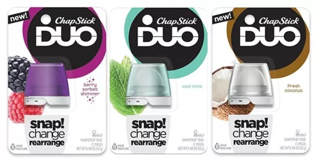 3 Count Chapstick Duo Lip Balms Shimmer Cool Mint, Coconut, Berry Flavor .194 Oz