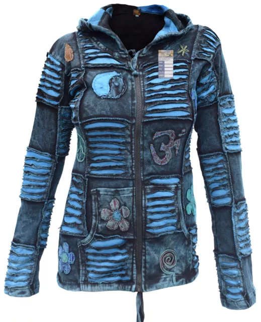 Cotton Blue Jacket Hippie Psychedelic Goth Emo Funky Patchwork Pixie Zip Hoodie