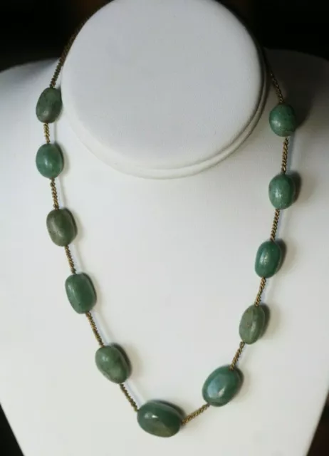 Antique Chinese Carved Green Hard Stone Beads Woven Wire Necklace