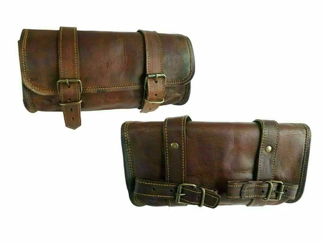 Pair 2 Bag Real Leather Motorcycle Front Fork Saddle Bag Storage Side Tool Pouch