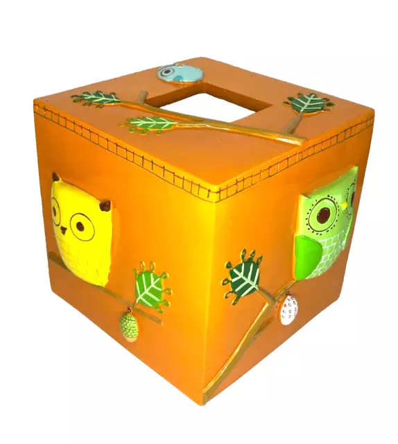 Give a Hoot Owl Tissue Box Holder Creative Bath Orange Resin 5.75" Square AS IS