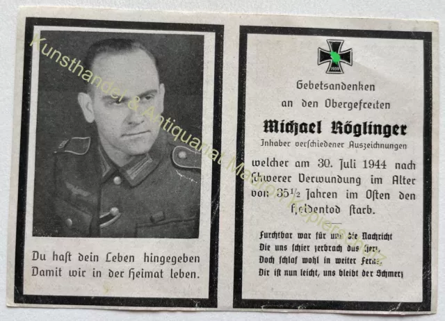 orig. Sterbebild Sterbebildchen WK2 Wehrmacht 1944 Rosenheim Osten