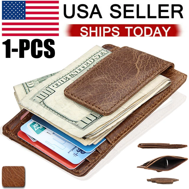 Mens Leather Money Clip Wallet Slim Front Pocket Magnetic ID Credit Card