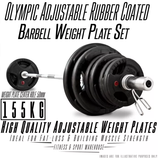 155KG Olympic Bar Weights Set 7ft OLY barbell RubberCoat Weight Plates Solid NEW