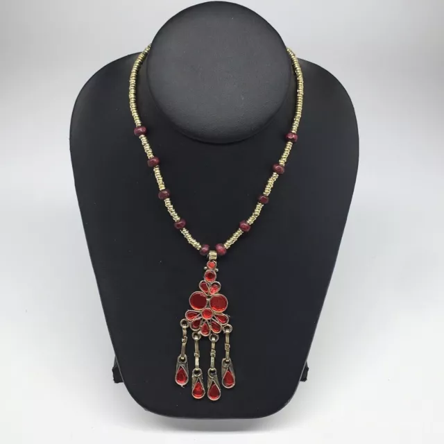 Kuchi Necklace Afghan Ethnic Tribal Fashion Red Color Glass ATS Pendant, KN462