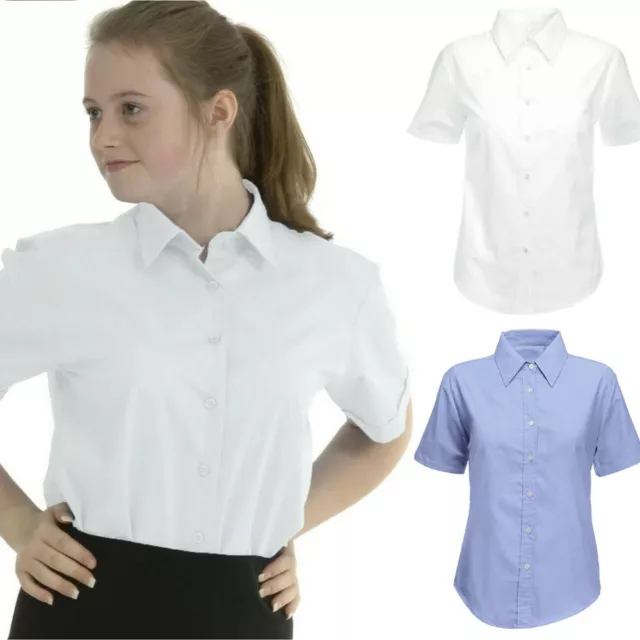 Boy Girl School Blouse Shirt Uniform Short Sleeve White Sky Blue Age 4-18 Years