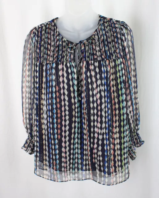 Shoshanna Blue Multi Overlay Print Silk Blend Sheer Sleeve Lined Top Size M