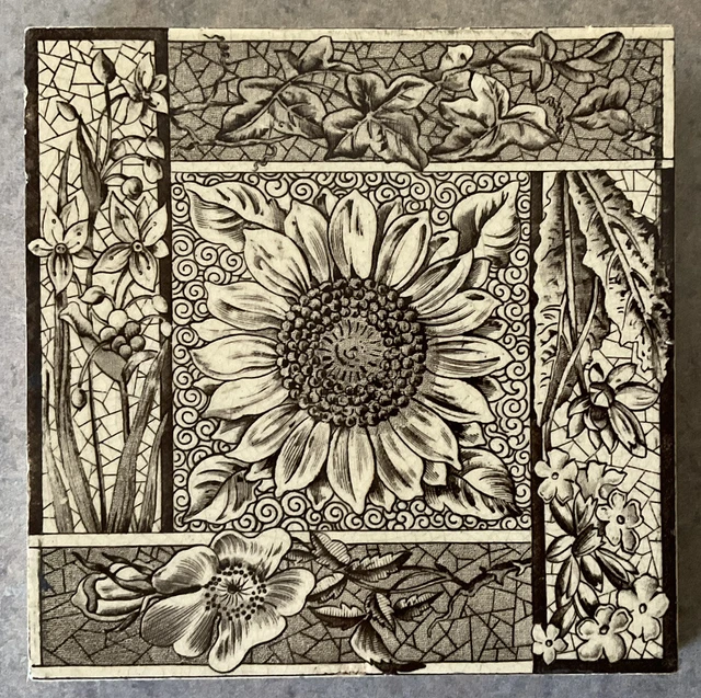 MINTONS CHINA WORKS : c1900 SUNFLOWER BOTANICAL 6” Sq ART TILE Victorian ENGLAND