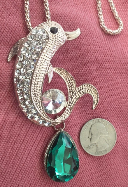 Silver Tone Rhinestone Dolphin Porpoise Costume Necklace Large Green Stone Nice!