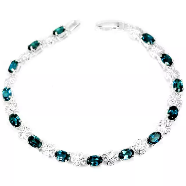 Genuine Aaa London Blue Topaz Oval & White Cz Sterliing 925 Silver Bracelet 7.5"