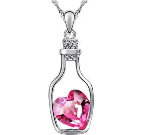 Womens 9K white Gold Filled wishing well bottle necklace with gift box