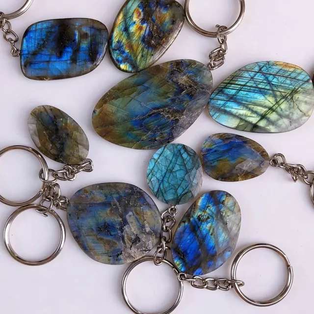 9Pcs 799Cts Rare Labradorite Cabochon Palm Key Chain Gemstone 60x30 29x20mm#577