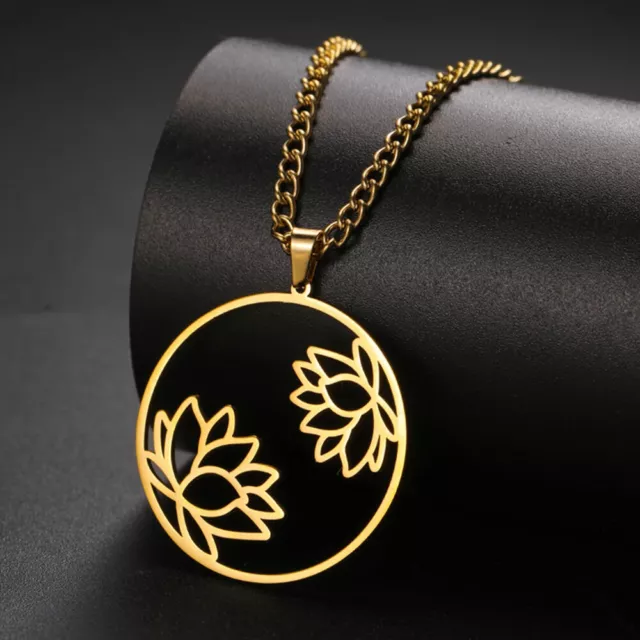 Stainless Steel Hollow Lotus Round Pendant Necklaces Choker Chain Women Jewelry